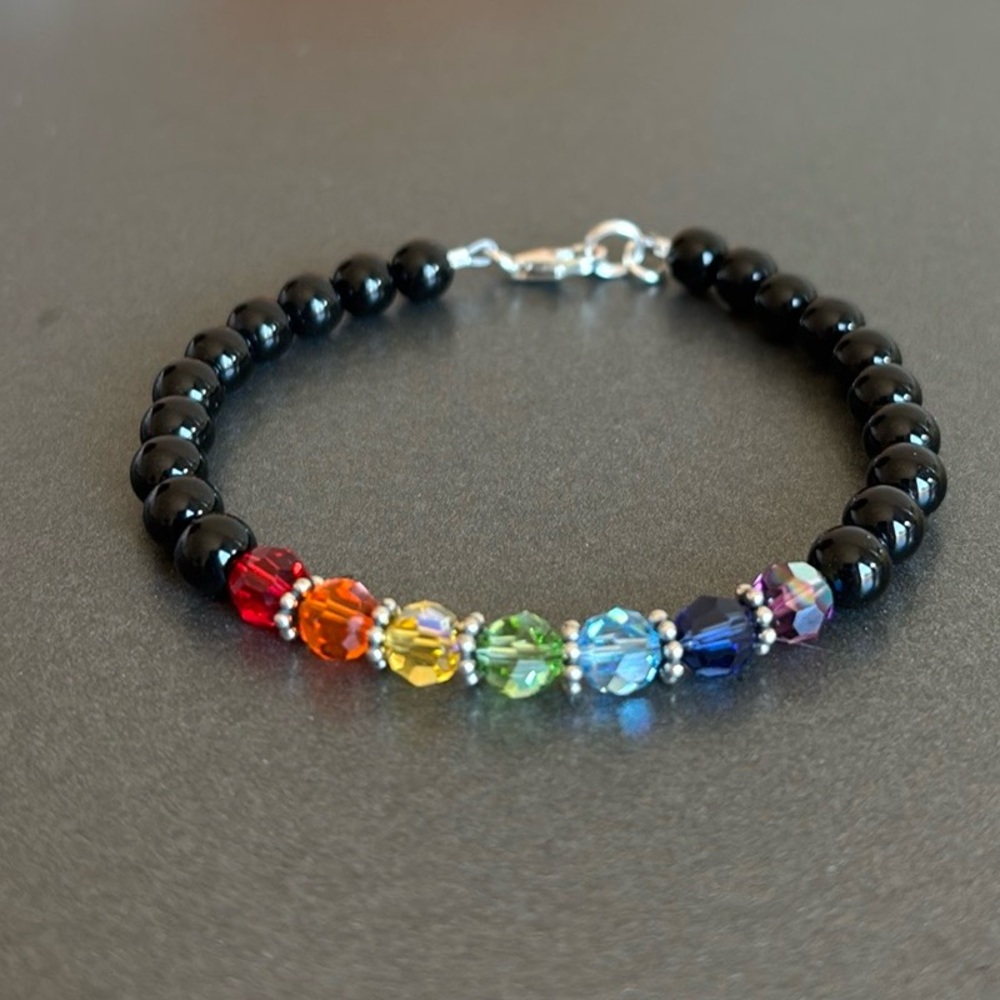 Swarovski Crystal and Onyx Chakra‎ Bracelet with Sterling Silver Clasp NWT